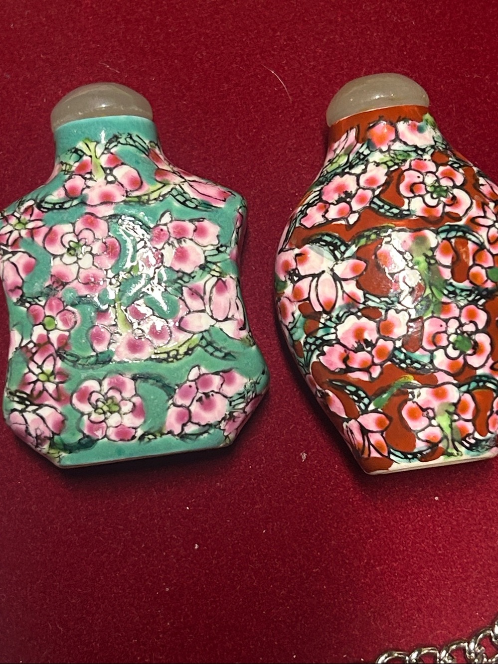 Decorative Floral Cloisonné Accent Bottles - Pink Floral on Red & Teal